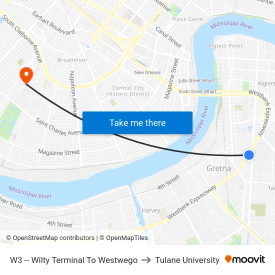 W3 -- Wilty Terminal To Westwego to Tulane University map