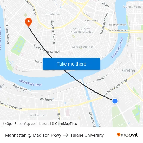 Manhattan @ Madison Pkwy to Tulane University map