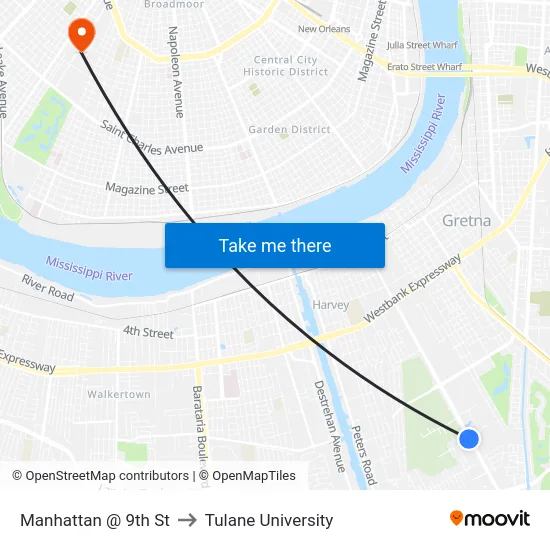 Manhattan @ 9th St to Tulane University map