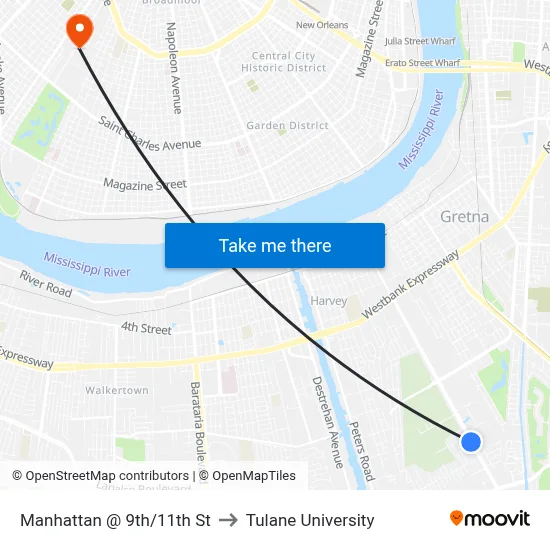 Manhattan @ 9th/11th St to Tulane University map