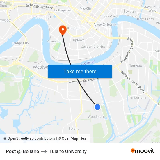 Post @ Bellaire to Tulane University map