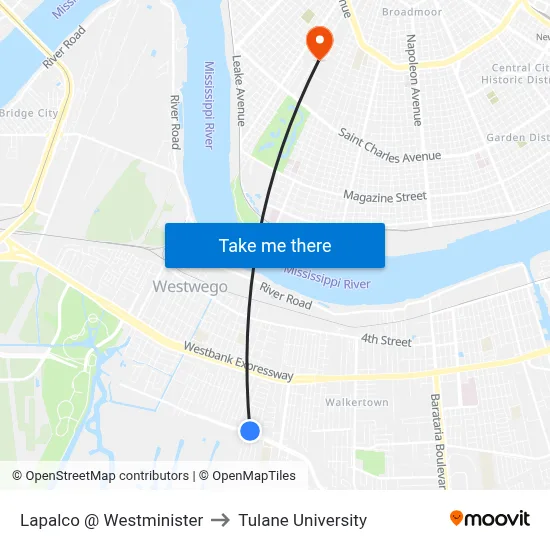 Lapalco @ Westminister to Tulane University map