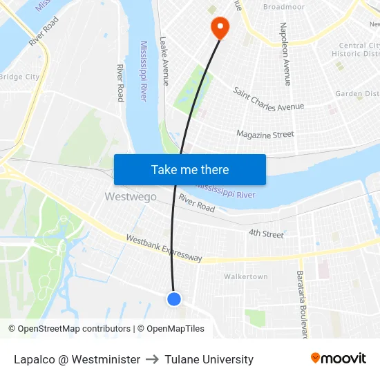 Lapalco @ Westminister to Tulane University map