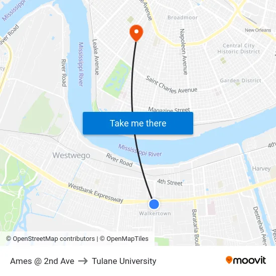 Ames @ 2nd Ave to Tulane University map