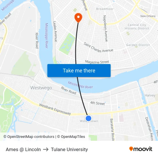 Ames @ Lincoln to Tulane University map