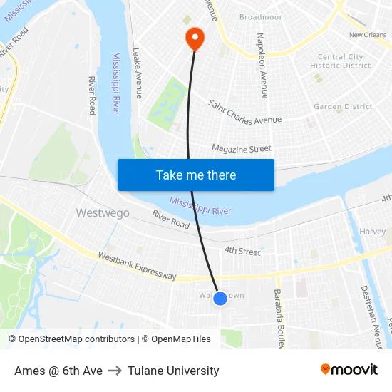 Ames @ 6th Ave to Tulane University map