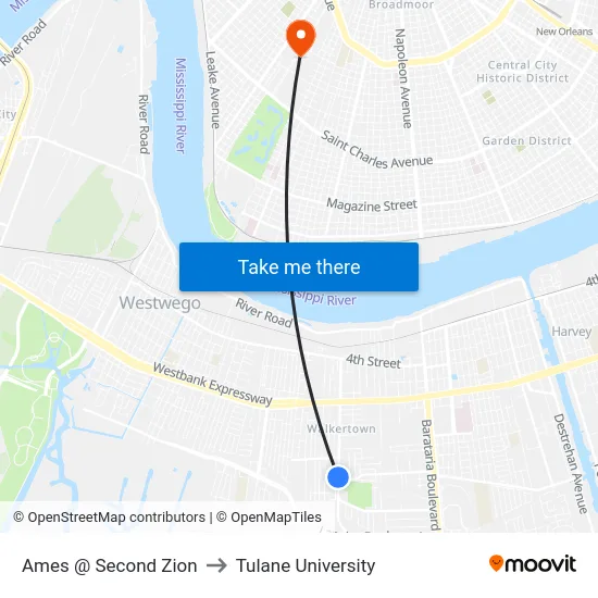 Ames @ Second Zion to Tulane University map