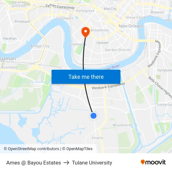 Ames @ Bayou Estates to Tulane University map