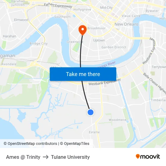 Ames @ Trinity to Tulane University map