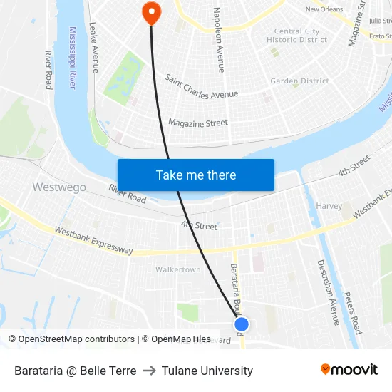 Barataria @ Belle Terre to Tulane University map