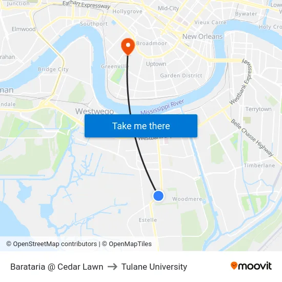 Barataria @ Cedar Lawn to Tulane University map