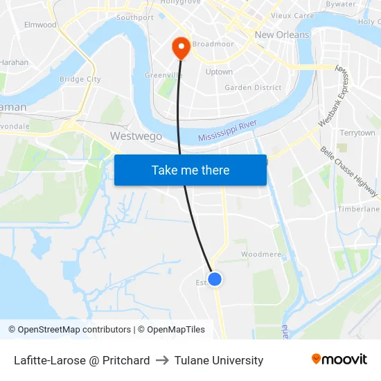 Lafitte-Larose @ Pritchard to Tulane University map