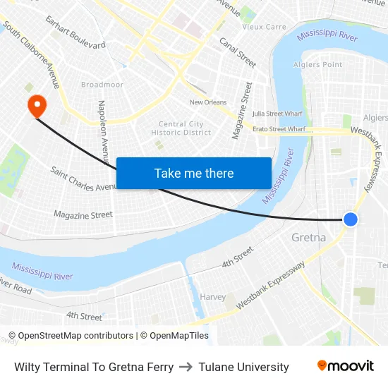 Wilty Terminal To Gretna Ferry to Tulane University map