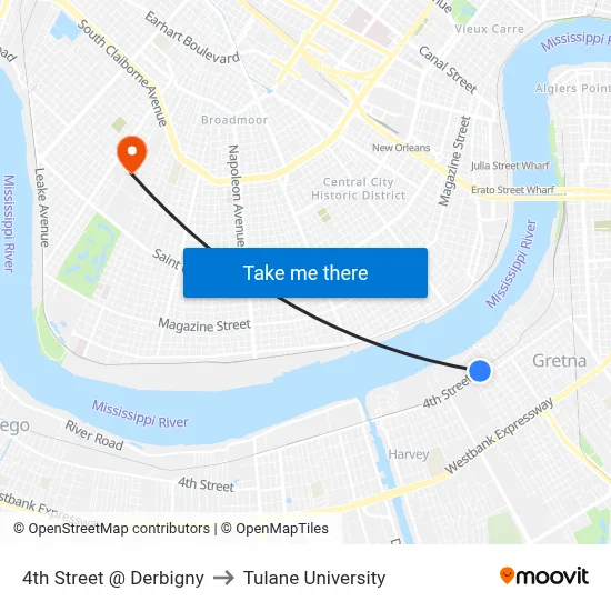 4th Street @ Derbigny to Tulane University map