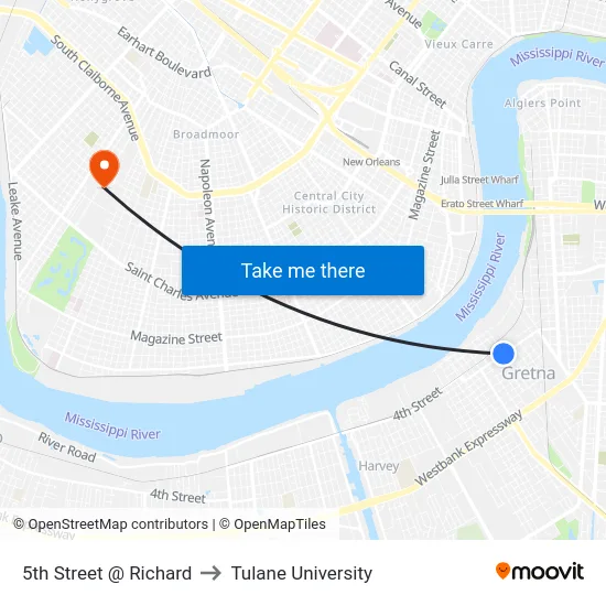 5th Street @ Richard to Tulane University map
