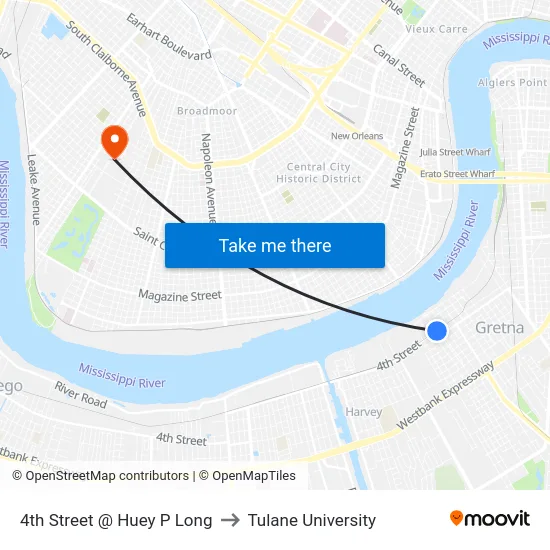 4th Street @ Huey P Long to Tulane University map