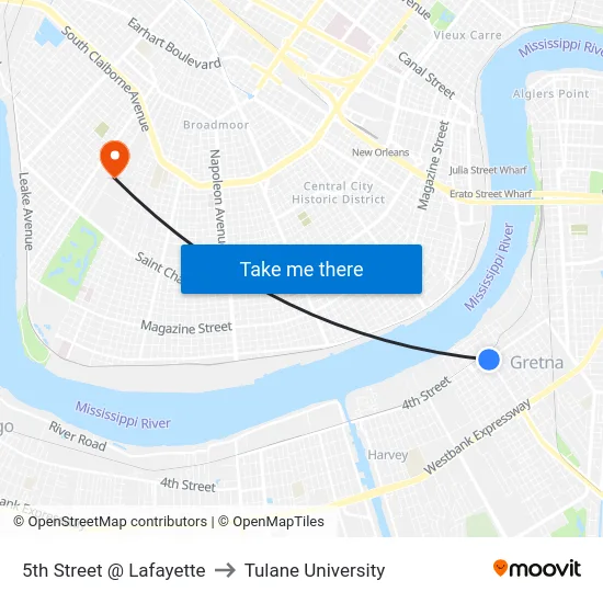 5th Street @ Lafayette to Tulane University map