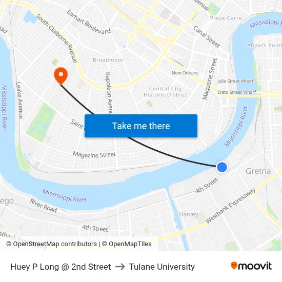 Huey P Long @ 2nd Street to Tulane University map