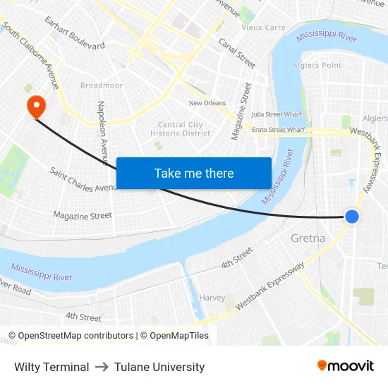 Wilty Terminal to Tulane University map