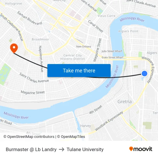 Burmaster @ Lb Landry to Tulane University map