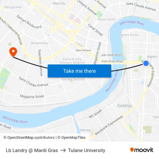 Lb Landry @ Mardi Gras to Tulane University map