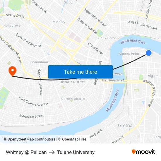 Whitney @ Pelican to Tulane University map