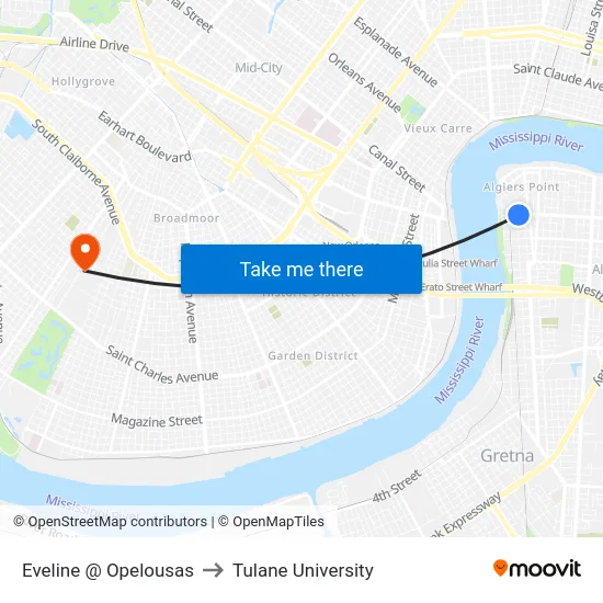 Eveline @ Opelousas to Tulane University map
