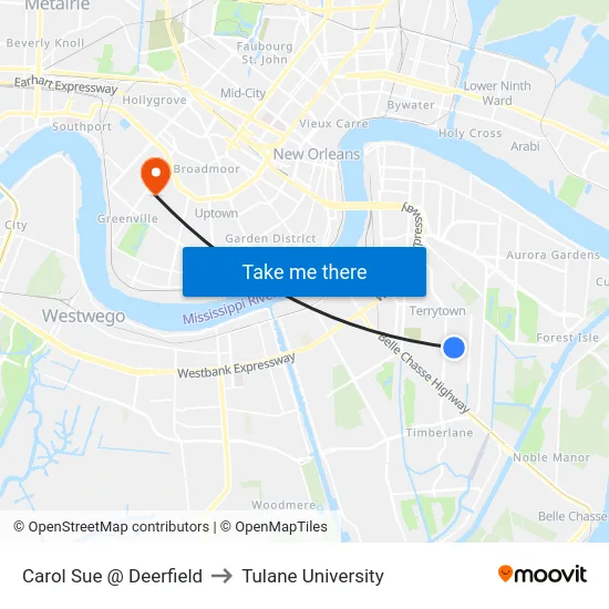 Carol Sue @ Deerfield to Tulane University map