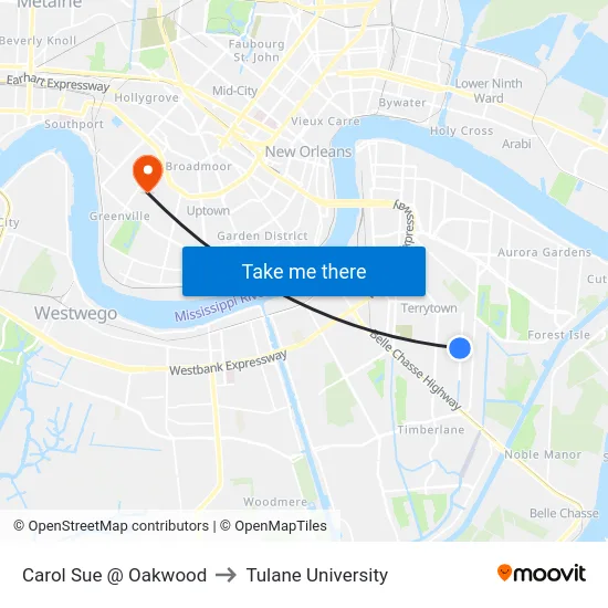 Carol Sue @ Oakwood to Tulane University map