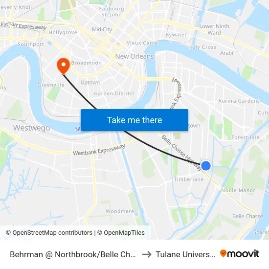 Behrman @ Northbrook/Belle Chase to Tulane University map