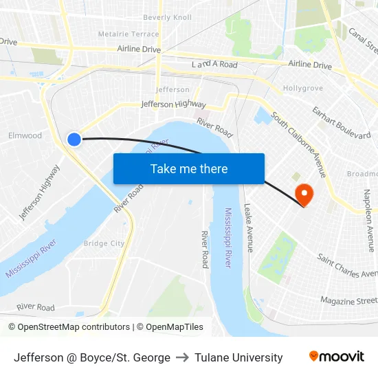 Jefferson @ Boyce/St. George to Tulane University map