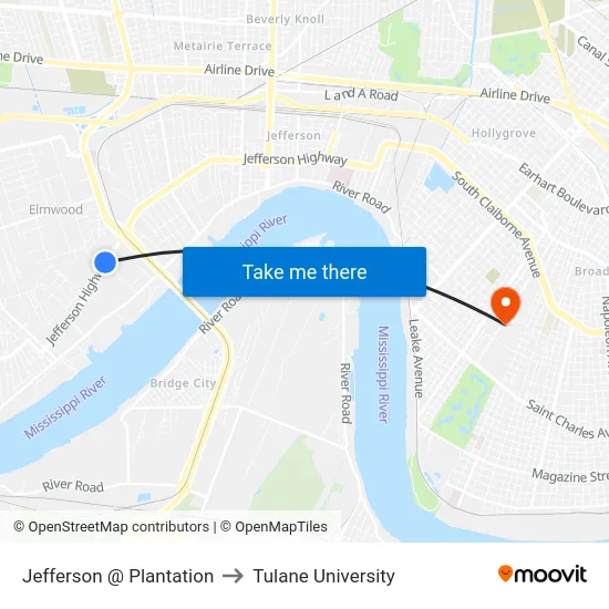 Jefferson @ Plantation to Tulane University map