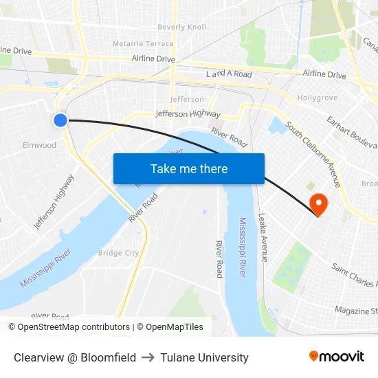 Clearview @ Bloomfield to Tulane University map