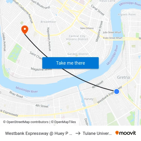 Westbank Expressway @ Huey P Long to Tulane University map
