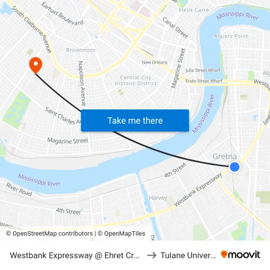 Westbank Expressway @ Ehret Crossing to Tulane University map