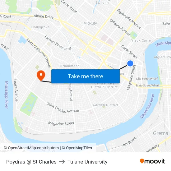 Poydras @ St Charles to Tulane University map