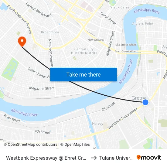 Westbank Expressway @ Ehret Crossing to Tulane University map