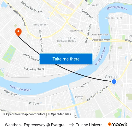 Westbank Expressway @ Evergreen to Tulane University map