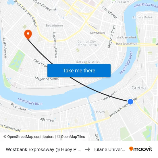 Westbank Expressway @ Huey P Long to Tulane University map