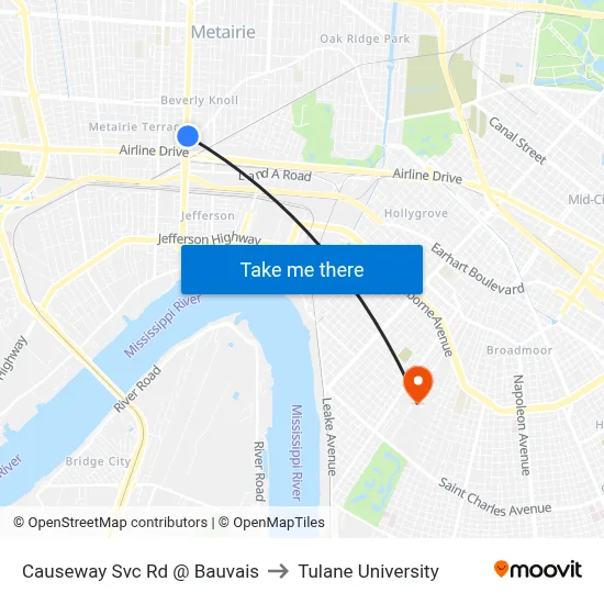 Causeway Svc Rd @ Bauvais to Tulane University map