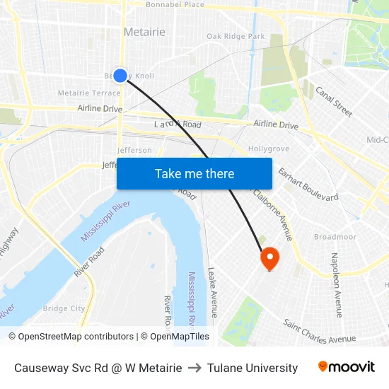 Causeway Svc Rd @ W Metairie to Tulane University map