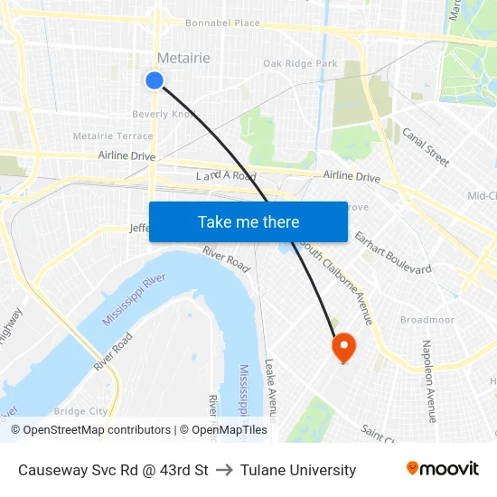 Causeway Svc Rd @ 43rd St to Tulane University map