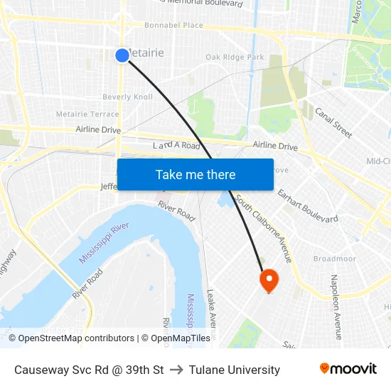 Causeway Svc Rd @ 39th St to Tulane University map