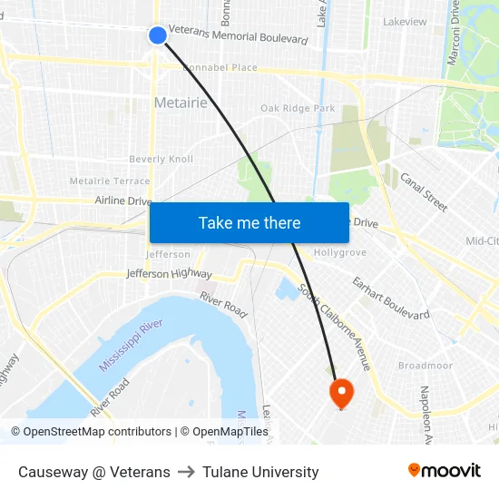 Causeway @ Veterans to Tulane University map