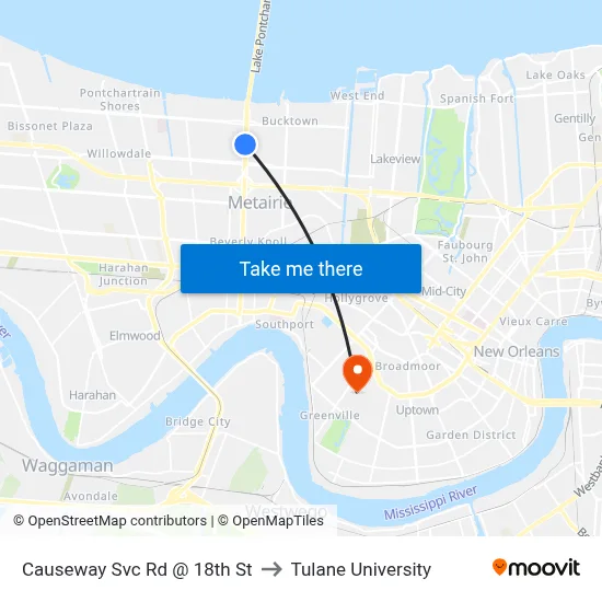Causeway Svc Rd @ 18th St to Tulane University map