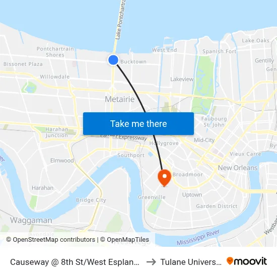 Causeway @ 8th St/West Esplanade to Tulane University map
