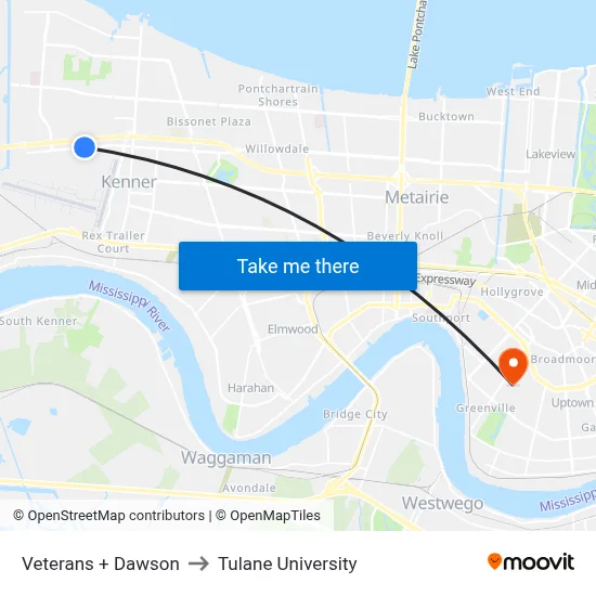 Veterans + Dawson to Tulane University map