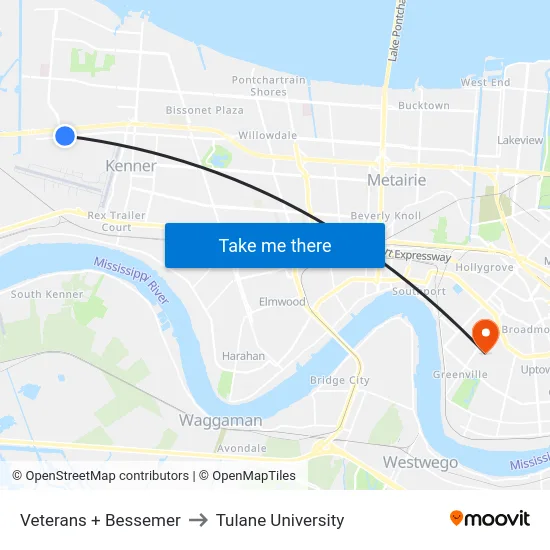 Veterans + Bessemer to Tulane University map