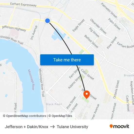 Jefferson + Dakin/Knox to Tulane University map
