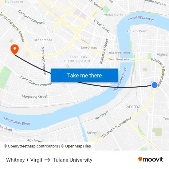 Whitney + Virgil to Tulane University map